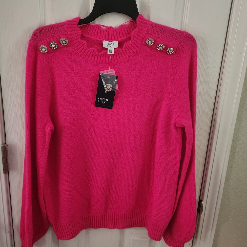 Crown & Ivy Hot Pink Sweater with Shoulder Embellishments
